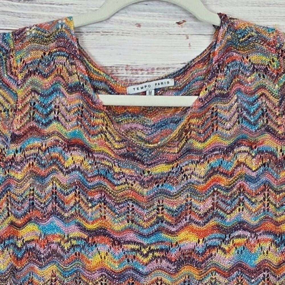 Spacedye Rainbow Sharkbite Hem Top M Lightweight Open Crochet Knit Artsy Vibrant - Picture 4 of 12